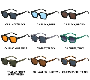 Detailed grid view showcasing square frame sunglasses in nine various color combinations