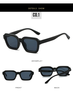 Three views of square black frame sunglasses with polished finish and dark lenses