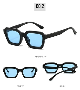 Three views of square black frame sunglasses with light blue lenses and smooth temples