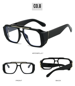 Vues détaillées de lunettes carrées noires avec double pont doré sous plusieurs angles