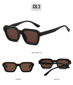 Three-angle display of square frame sunglasses with thick black rims and dark brown lenses