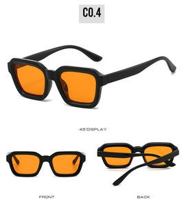 Three-way view of square sunglasses with black frames and orange lenses