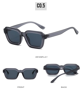 Three perspectives of square translucent grey sunglasses showing front and side angles