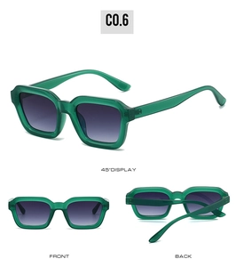 Three-view detail of green square frame sunglasses with gradient lenses and wide temples