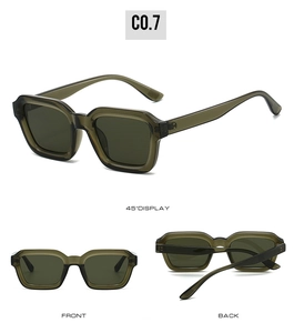 Detail view of olive green square sunglasses with translucent frames from multiple angles