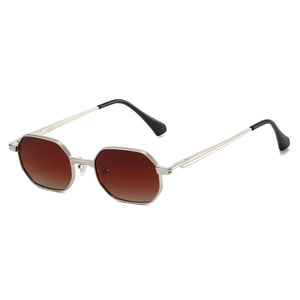 Octagonal metal sunglasses with gradient brown lenses and silver minimalist frames
