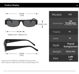 Detailed size chart of half-frame PC sunglasses with frame dimensions and UV protection
