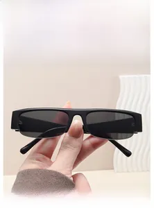 Detailed front view of rectangular semi-rimless sunglasses in black with gray lenses