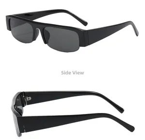 Side view detail of trendy black rectangular sunglasses with wide frame and dark grey lenses