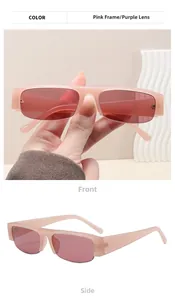 Detail view of pink semi-rimless rectangular sunglasses with purple lenses from multiple angles