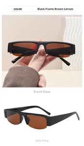 Detail view showing front and side of rectangular semi-rimless black sunglasses with brown lenses