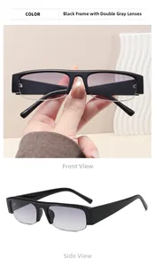 Detailed front and side view of trendy semi-rimless sunglasses with black frames and gray lenses