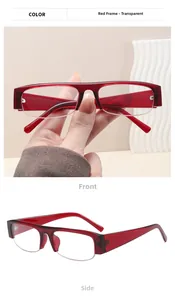 Detailed views of red semi-rimless fashion glasses with durable PC frame and side profile
