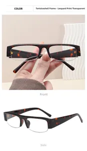 Detail view of retro leopard print semi-rimless frames with clear lenses and metal hinges