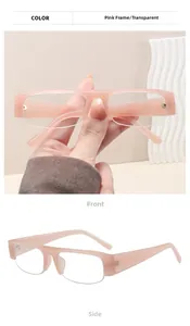 Detailed views of pink semi-rimless glasses with transparent resin frames and clear lenses