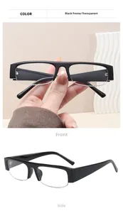 Detail view of stylish black semi-rimless frames with clear lenses in a retro business style