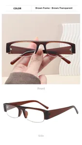 Detail view of brown semi-rimless fashion glasses with transparent PC frames