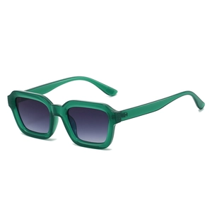 Retro square sunglasses with translucent green frames and purple gradient lenses