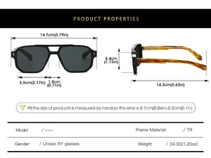 Size guide for aviator sunglasses with measurements for TR frame and unisex lens dimensions