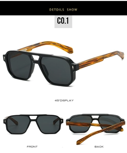 Detailed three-view of aviator sunglasses with matte black frames and tiger wood grain temples