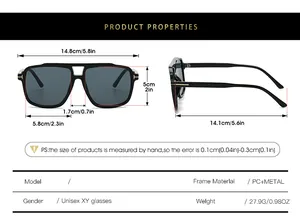 Detailed size chart for double-bridge square sunglasses with PC and metal frame specs