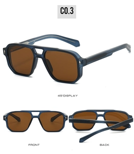 Multi-angle views of matte blue aviator sunglasses with brown lenses and metal rivets