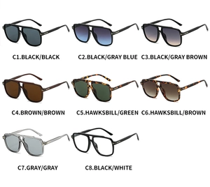 Multiple colors of pilot sunglasses with double bridge design and metallic T-shaped accents