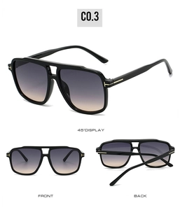 Detailed views of double-bridge sunglasses with leopard frame and gradient lenses