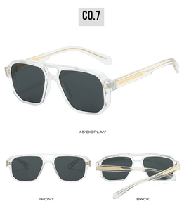 Three angles of oversized transparent aviator sunglasses with gold engraved metal core