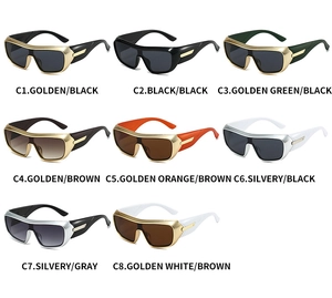 Grid view of 8 colorful sports sunglasses styles with wraparound frames and metallic side accents