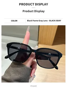 Vorderansicht der quadratischen Sonnenbrille mit schwarzem Glanzrahmen und grauen Gläsern