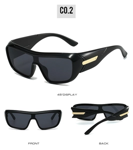 Three perspectives of sporty wrap sunglasses showing 45-degree angle with gold metal accents