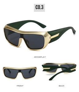 Three-angle display of Y2K golden semi-rimless sports sunglasses with dark lenses