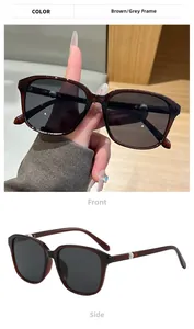 Nahaufnahme der braunen quadratischen Sonnenbrille mit Metallakzenten und grauen Gläsern