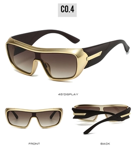 Three-view display of wrap-around cycling sunglasses with gold frame and gradient lenses