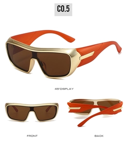 Three-angle view of gold frame sports sunglasses with orange temples and dark brown lenses