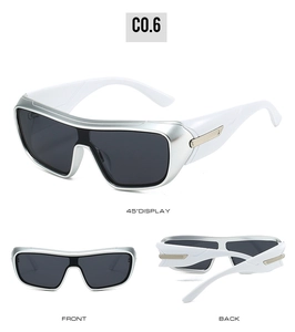 Detailed views of white sports sunglasses with black lenses and gold stripe accents