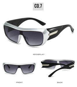 Multi-angle views of silver and black wrap-around sports sunglasses with grey lenses