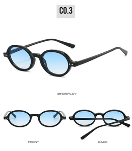 Dettagli degli occhiali da sole ovali vintage con montatura nera e lenti blu sfumate