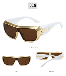 Three-angle view of white and gold sporty sunglasses showing front, back and side profile