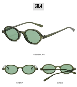 Tre viste di occhiali da sole retrò ovali verde oliva con dettagli in metallo vintage