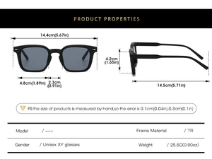 Technical drawing of square sunglasses with full frame dimensions and weight details