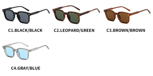 Detailed view of square frame sunglasses with metal rivet hinges in four color variants