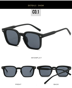 Front and side views of square sunglasses with grey lenses and arrow metal rivets