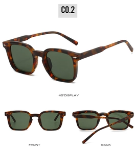 Multi-angle view of vintage tortoiseshell square sunglasses with green lenses and studs