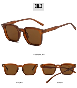 Three-angle view of amber tortoise shell square sunglasses with silver rivet accents