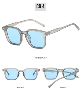 Detail view of square sunglasses with translucent grey frame and light blue lenses