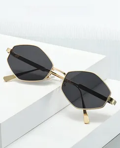 Detailed view of polygonal metal sunglasses featuring geometric temples and dark lenses