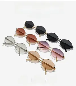Detailed flat lay of hexagonal metal sunglasses in six diverse frame and lens colors