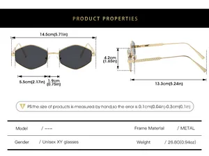 Size chart showing dimensions for polygon metal sunglasses with frame width 14.5cm
